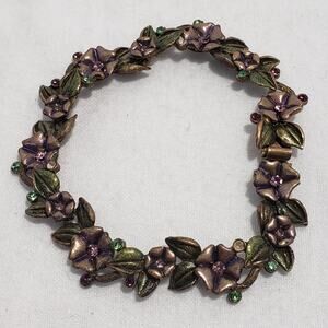 Vintage Sweet Romance USA Brass Rhinestones Cherry Bloosom Bracelet 7.5